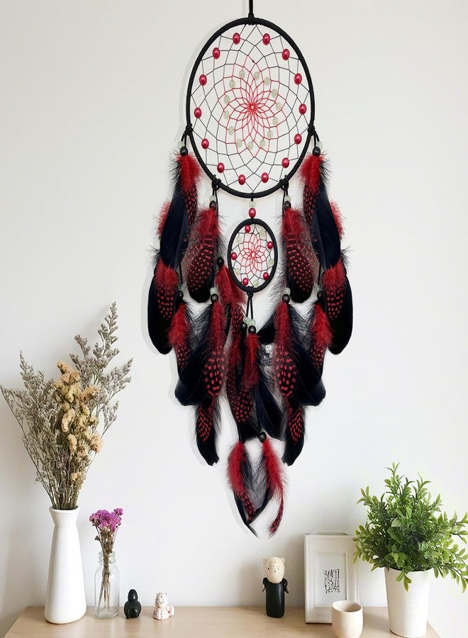 SOYUZU Red and Black Dream Catcher Wall Decor Feather Dream Catchers with Luminous Bead Handmade Dreamcatcher Wall Hanging Ornament for Bedroom Living Room Home Decor - Image 4